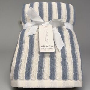 2 pc Rachel Zoe Blue Stripes Hand Towel Set 100% Cotton  New Set of 2